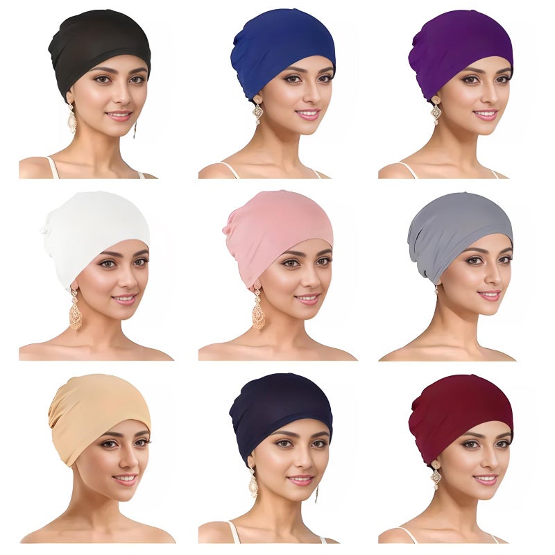 Cmonie 9 Pieces Solid Women Chemo Hat Stretchy Turban Beanie,Pre Tied Chemo Head Scarf Beanie Skull Cover Cap for Women Hair Loss (US, Alpha, One Size, Large, Multi) - Image 2