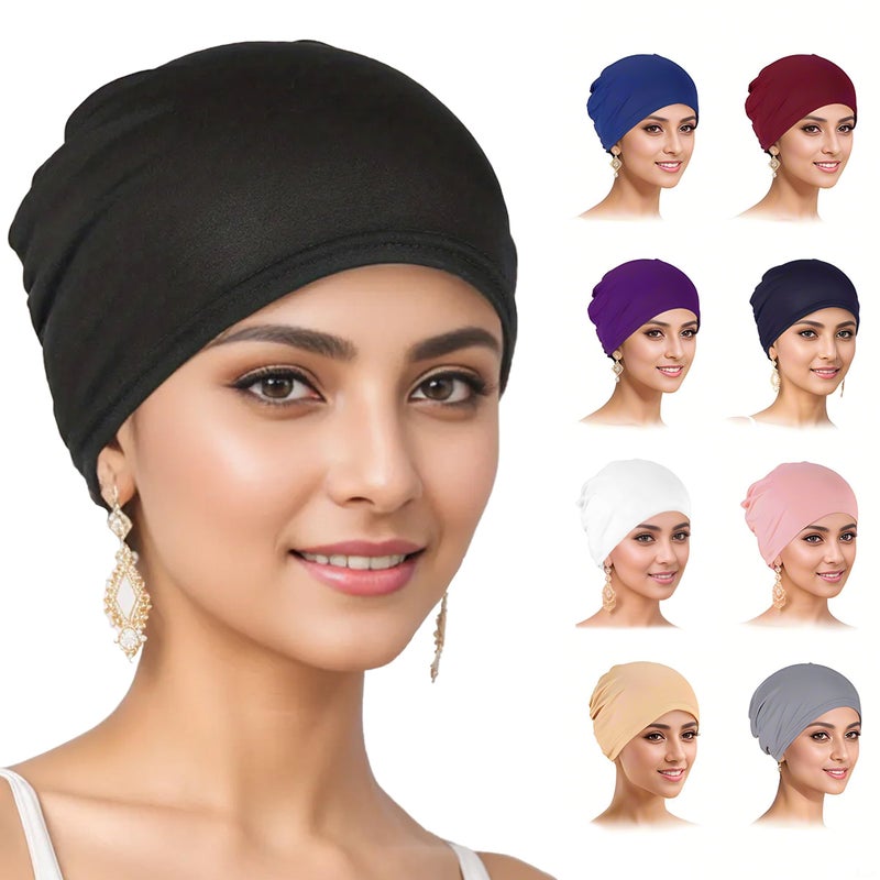 Cmonie 9 Pieces Solid Women Chemo Hat Stretchy Turban Beanie,Pre Tied Chemo Head Scarf Beanie Skull Cover Cap for Women Hair Loss (US, Alpha, One Size, Large, Multi) - Image 1