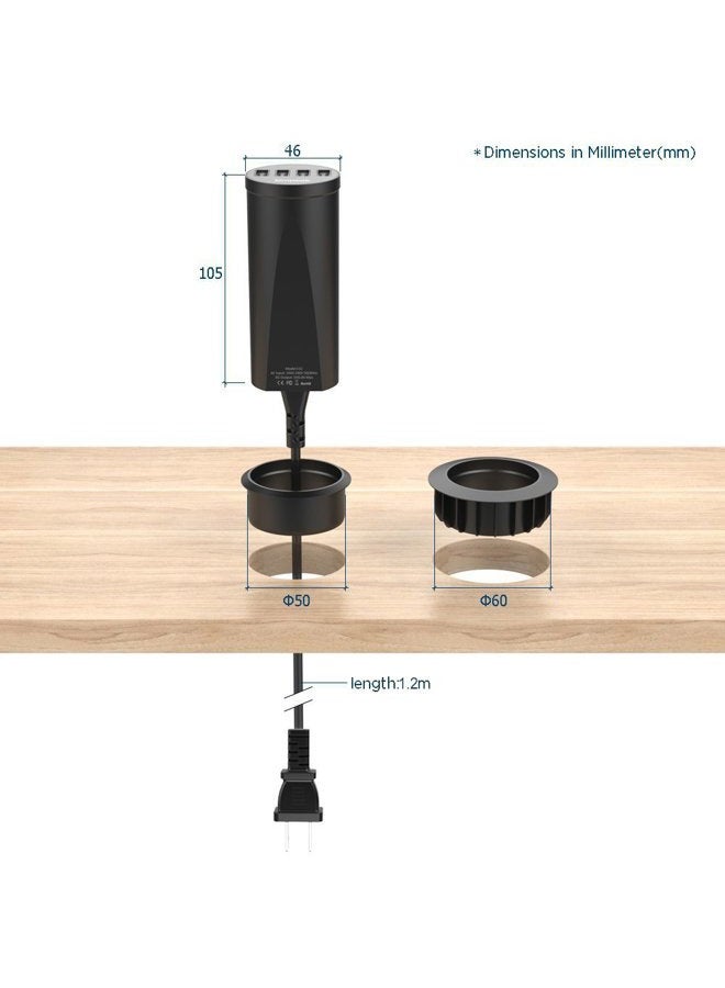 Simpeak 30W 4-Port USB Charging Station Mount with Power Cable (Match 2Pieces Desk Grommet) - Black - Image 2