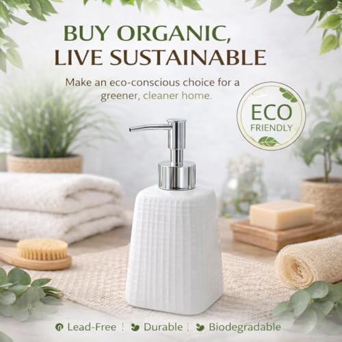 WHIZZO Premium Ceramic Soap Dispenser with ABS Chrome Pump | Refillable Liquid Hand Wash, Lotion & Dish Soap Bottle | Modern Bathroom & Kitchen Countertop Accessory (White Textured, LD-047-D4) - Image 4