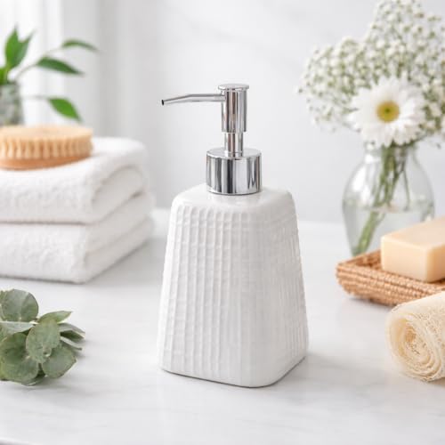 WHIZZO Premium Ceramic Soap Dispenser with ABS Chrome Pump | Refillable Liquid Hand Wash, Lotion & Dish Soap Bottle | Modern Bathroom & Kitchen Countertop Accessory (White Textured, LD-047-D4) - Image 1