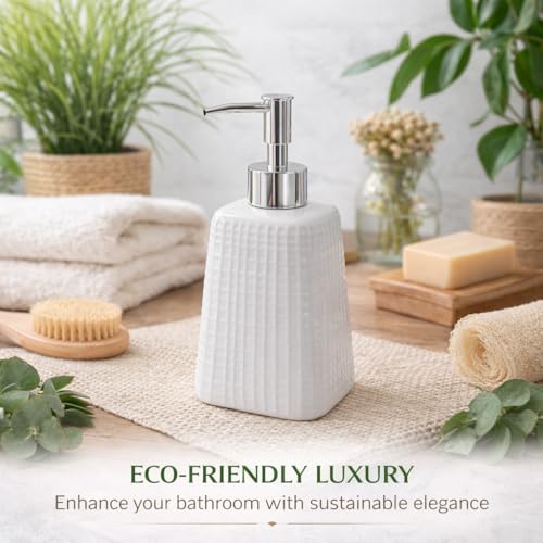 WHIZZO Premium Ceramic Soap Dispenser with ABS Chrome Pump | Refillable Liquid Hand Wash, Lotion & Dish Soap Bottle | Modern Bathroom & Kitchen Countertop Accessory (White Textured, LD-047-D4) - Image 5