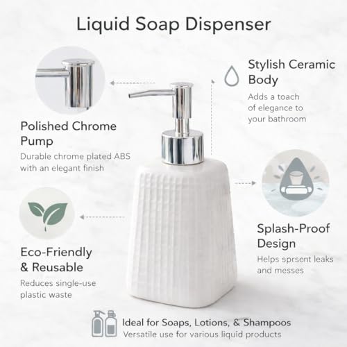 WHIZZO Premium Ceramic Soap Dispenser with ABS Chrome Pump | Refillable Liquid Hand Wash, Lotion & Dish Soap Bottle | Modern Bathroom & Kitchen Countertop Accessory (White Textured, LD-047-D4) - Image 2