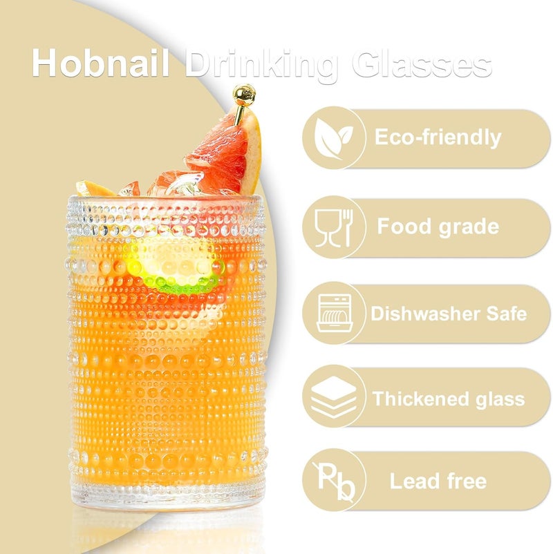 GOROGILE Hobnail Drinking Glasses Set of 12, 12 oz Highball Glassware & 10 oz Cocktail Glasses, Vintage Embossed Beaded Glass Cups for Kitchen,Beer,Soda, Whiskey,and Beverages,Dishwasher Safe - Image 4