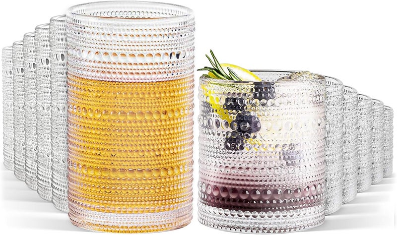 GOROGILE Hobnail Drinking Glasses Set of 12, 12 oz Highball Glassware & 10 oz Cocktail Glasses, Vintage Embossed Beaded Glass Cups for Kitchen,Beer,Soda, Whiskey,and Beverages,Dishwasher Safe - Image 1