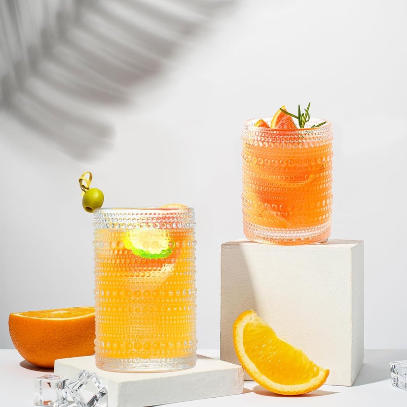 GOROGILE Hobnail Drinking Glasses Set of 12, 12 oz Highball Glassware & 10 oz Cocktail Glasses, Vintage Embossed Beaded Glass Cups for Kitchen,Beer,Soda, Whiskey,and Beverages,Dishwasher Safe - Image 2
