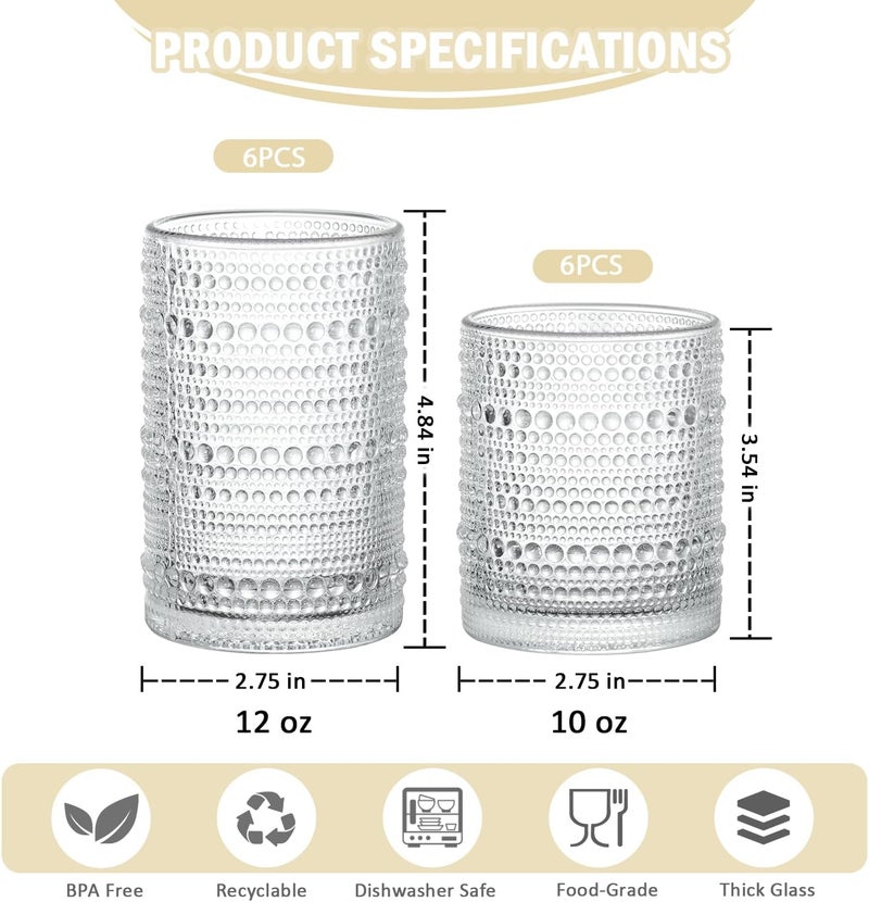 GOROGILE Hobnail Drinking Glasses Set of 12, 12 oz Highball Glassware & 10 oz Cocktail Glasses, Vintage Embossed Beaded Glass Cups for Kitchen,Beer,Soda, Whiskey,and Beverages,Dishwasher Safe - Image 3