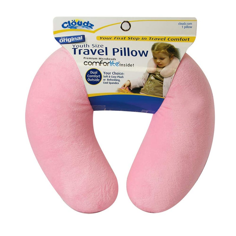 Cloudz Kids Dual Comfort Microbead Airplane Travel Neck Pillow Super Soft Cozy Plush on One Side Cool Relaxing Spandex on The Other Keep Your Kids Comfy and Supported at Home or On The Go  Pink - Image 1