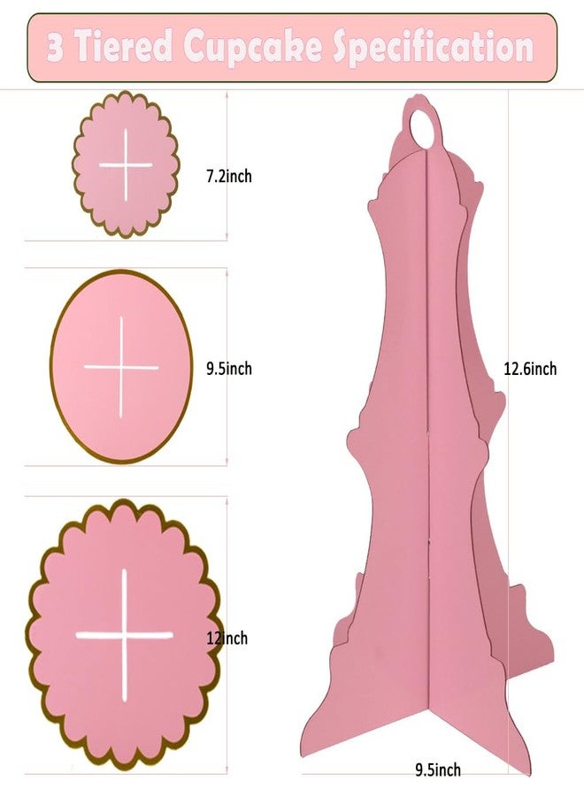 MRPAPA Pink Cardboard Cupcake Stand,2PCS Pink Cup Cake Holder Thick Paper Dessert Tray, 3-Tier Round Serving Tray Perfect for Baby Girls Pink and Gold Birthday Baby Shower Party Supplies - Image 3