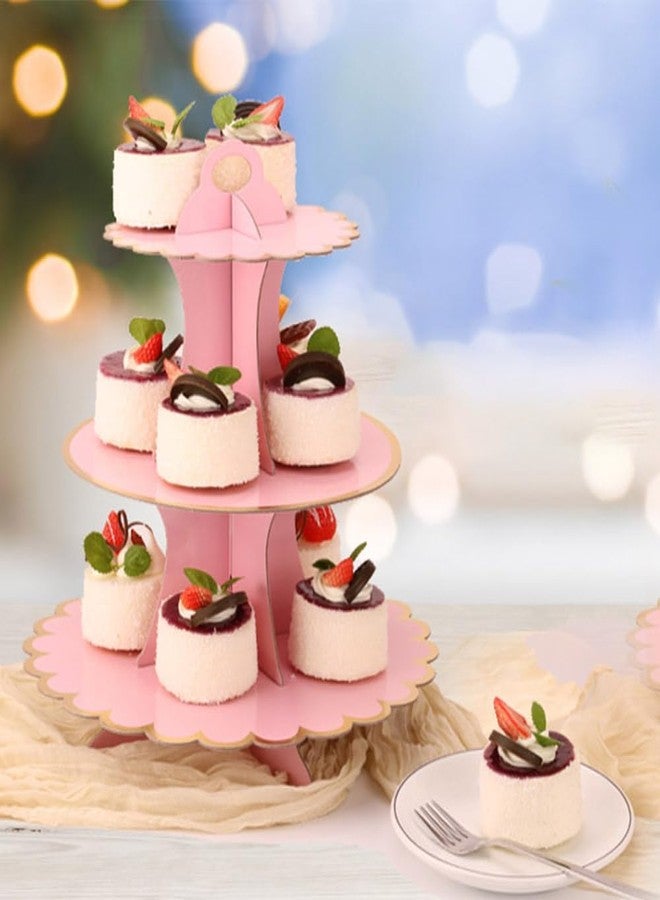 MRPAPA Pink Cardboard Cupcake Stand,2PCS Pink Cup Cake Holder Thick Paper Dessert Tray, 3-Tier Round Serving Tray Perfect for Baby Girls Pink and Gold Birthday Baby Shower Party Supplies - Image 2