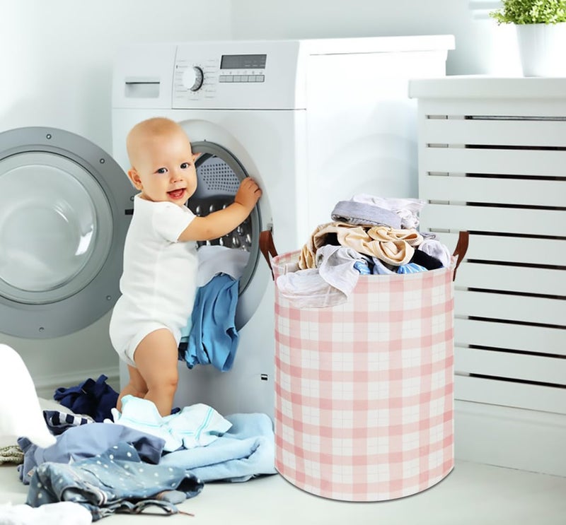 CLOCOR Kids Laundry Basket,Waterproof Baby Boys Nursery Hamper,Collapsible Fabric Storage Container,Toys Bin,Room Decor,Gift Basketï¼ˆPink Grid - Image 5