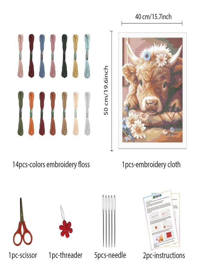 FREEBLOSS Cross Stitch Kit Highland Cattle Stamped Cross Stitch Kit Cross Stitch Wall Hanging for Adults with Instructions Pure Cotton Cloth Cross Stitch for Beginnrs 15.7 * 19.7'' No Frame - Image 2