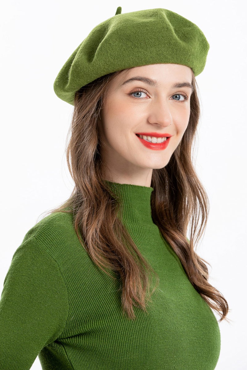 ZLYC Wool Beret Hat Classic Solid Color French Beret for Women (Army Green) - Image 2