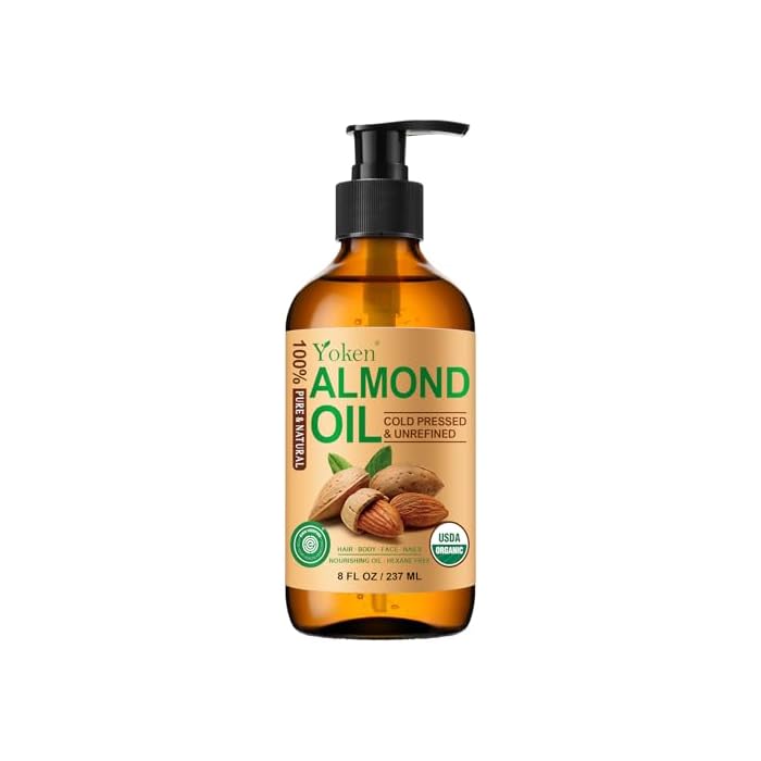 Yoken Organic Almond Oil 8 oz Glass Bottle, Cold Pressed for Skin & Hair