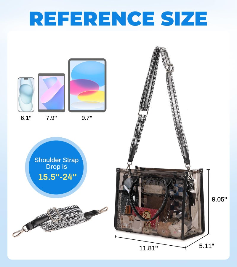 ASKSKY Clear Tote Bag for Women 12x6x12 Stadium Events Transparent Clear Purse Thick PVC Plastic Shoulder Bag with Guitar Strap for Sport, Concert, Beach, Black Semitransparent - Image 4