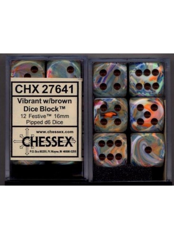Chessex Chessex Dice D6 Sets: Festive Vibrant Swirl with Brown Pips - 16Mm Six Sided Die (12) Block of Dice  - Image 1
