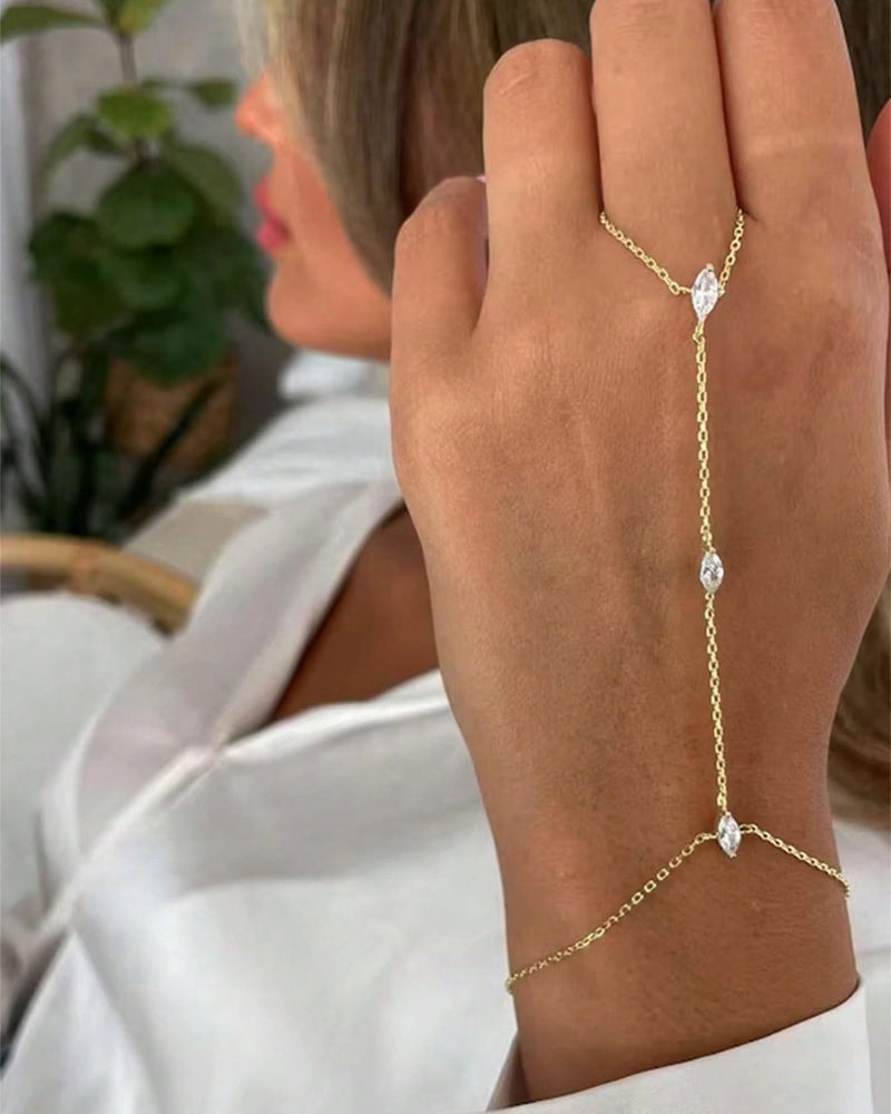 YEEZII Gold Hand Chain Bracelets for Women, 2 Pcs 14k Gold Plated Cubic Zirconia Link Chain Bracelet Set, Trendy ring bracelet hand chain Jewelry for Her (Gold-G) - Image 4