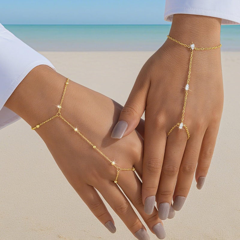 YEEZII Gold Hand Chain Bracelets for Women, 2 Pcs 14k Gold Plated Cubic Zirconia Link Chain Bracelet Set, Trendy ring bracelet hand chain Jewelry for Her (Gold-G) - Image 2