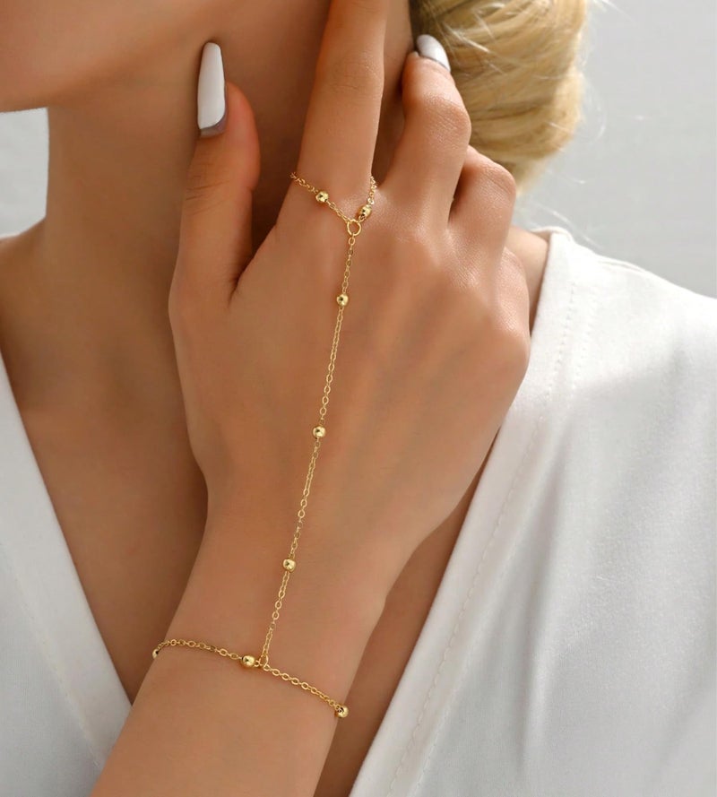 YEEZII Gold Hand Chain Bracelets for Women, 2 Pcs 14k Gold Plated Cubic Zirconia Link Chain Bracelet Set, Trendy ring bracelet hand chain Jewelry for Her (Gold-G) - Image 3