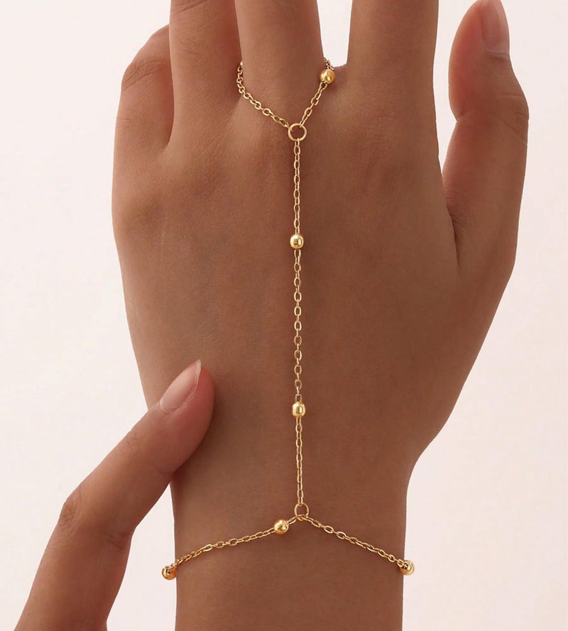 YEEZII Gold Hand Chain Bracelets for Women, 2 Pcs 14k Gold Plated Cubic Zirconia Link Chain Bracelet Set, Trendy ring bracelet hand chain Jewelry for Her (Gold-G) - Image 5