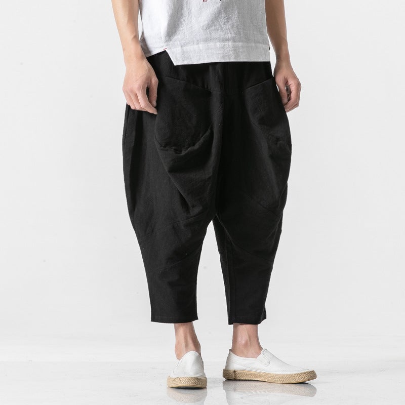 Generic 2022 Mens Loose Cotton and Linen Bloomers Chinese Style Plus Size Casual Breeches Linen Nine-point Pants Mens Pants Black