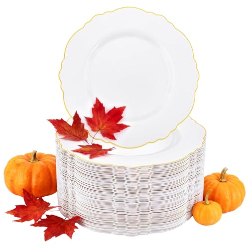 WDF 60pcs Gold Plastic Dinner Plates -10.25inch Baroque White and Gold Plates Fancy Heavy Duty Fall Plastic Plates for Upscale Thanksgiving Parties & Wedding & Birthday - Image 1