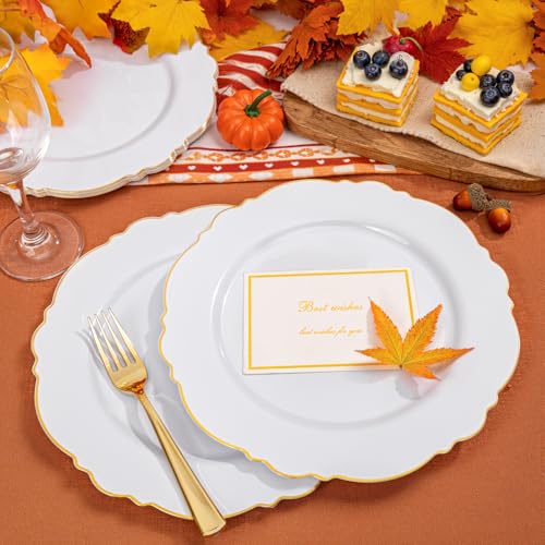 WDF 60pcs Gold Plastic Dinner Plates -10.25inch Baroque White and Gold Plates Fancy Heavy Duty Fall Plastic Plates for Upscale Thanksgiving Parties & Wedding & Birthday - Image 2