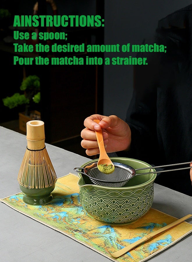 DUNELIFE Matcha Tea Set 8 Pcs Traditional Japanese Bamboo Whisk Ceramic Bowl Sieve Spoon Waterproof Mat Complete Matcha Tool Kit Gift for Tea Ceremony Daily Use - Image 4