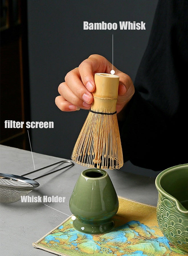 DUNELIFE Matcha Tea Set 8 Pcs Traditional Japanese Bamboo Whisk Ceramic Bowl Sieve Spoon Waterproof Mat Complete Matcha Tool Kit Gift for Tea Ceremony Daily Use - Image 3