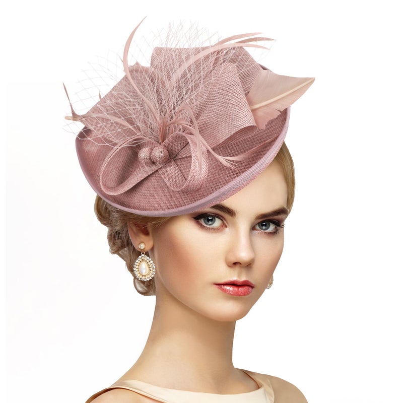 Zinniday Tea Party Hat for Women - Pink Derby Fascinator with Detachable Headband (9.64â€œx7.87â€ / Head Circumference 21.5â€œ-23.5â€) - Lightweight Feather & Polyester - Image 1