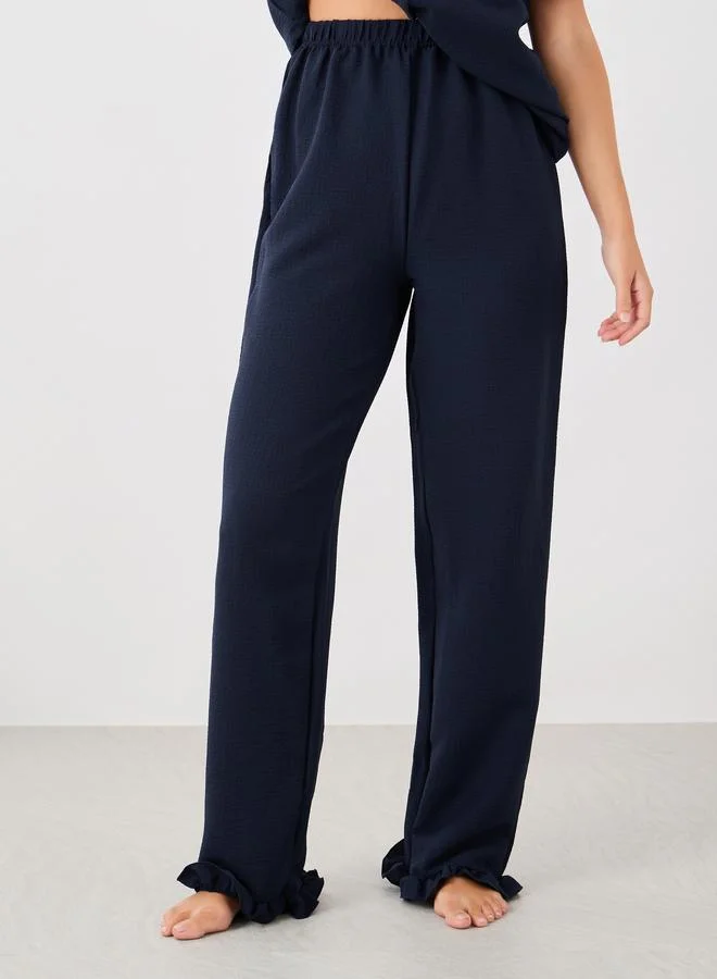 ستايلي Styli Waffle Textured Ruffled Detail Shirt and Pyjama Set