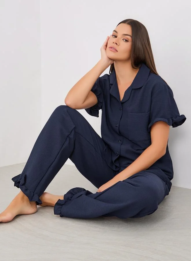 ستايلي Styli Waffle Textured Ruffled Detail Shirt and Pyjama Set