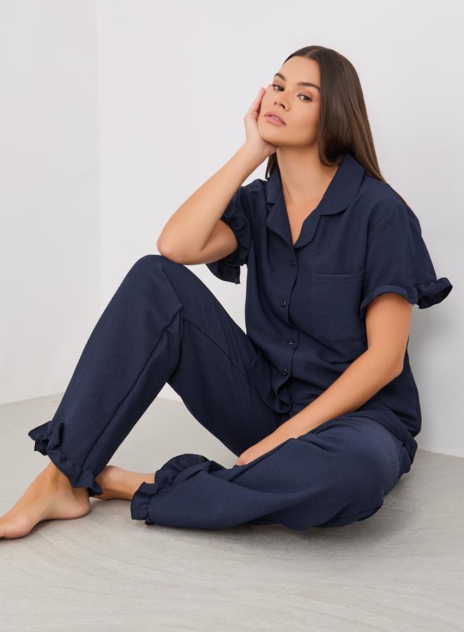 Styli Waffle Textured Ruffled Detail Shirt and Pyjama Set - Image 1