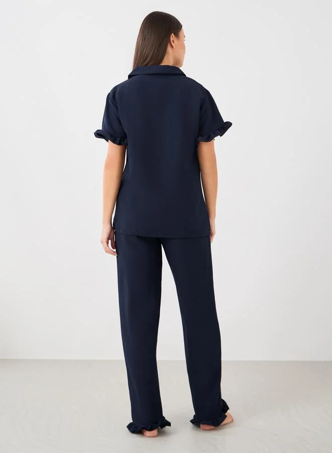 ستايلي Styli Waffle Textured Ruffled Detail Shirt and Pyjama Set
