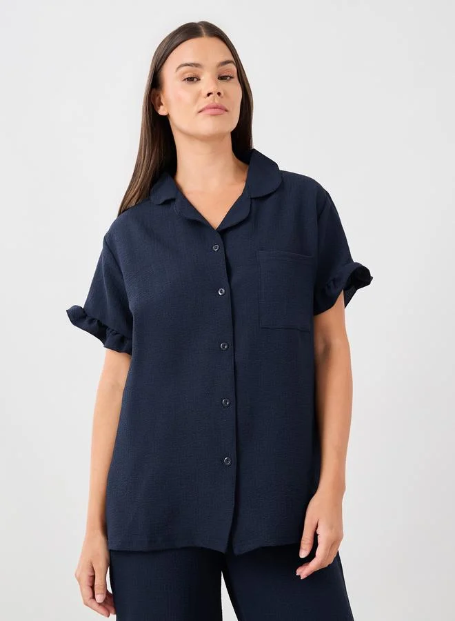 ستايلي Styli Waffle Textured Ruffled Detail Shirt and Pyjama Set