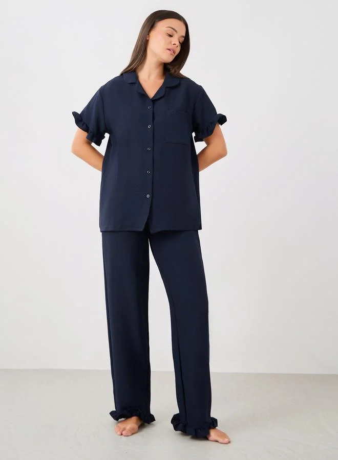 ستايلي Styli Waffle Textured Ruffled Detail Shirt and Pyjama Set