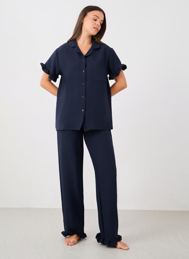 Styli Waffle Textured Ruffled Detail Shirt and Pyjama Set - Image 2