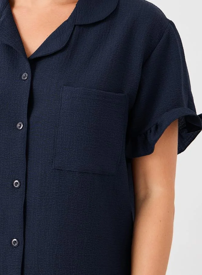ستايلي Styli Waffle Textured Ruffled Detail Shirt and Pyjama Set