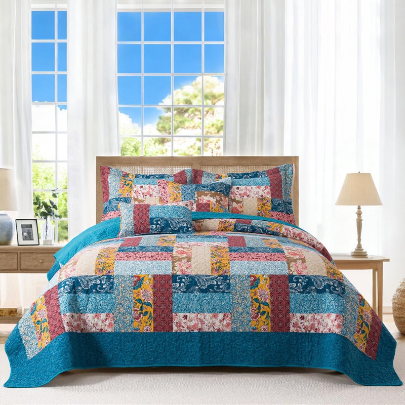 BEDIFANY Cotton King Quilt Set - Modern Farmhouse Bedspread with Vibrant Floral Pattern, 3-Piece Lightweight Coverlet (98x106 Inch) + 2 Pillow Shams, All Seasons Multicolor Quilt Bedding Set - Image 1