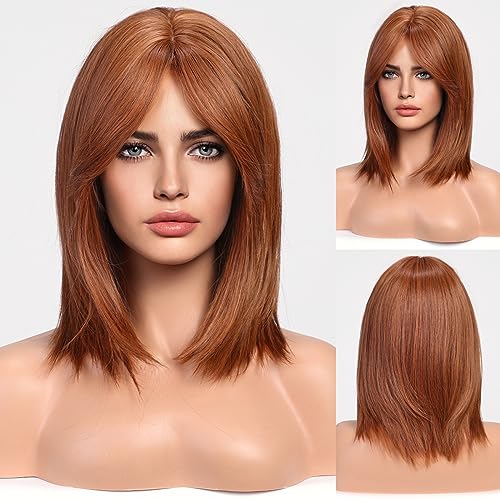 HAIRCUBE باروك قصير بلون العنبر للنساء، باروك نحاسي مستقيم مع ستارة غرة، بطول الكتف، باروك طبيعي صناعي للاستخدام اليومي، كوسبلاي - Image 1
