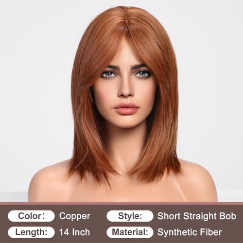 HAIRCUBE باروك قصير بلون العنبر للنساء، باروك نحاسي مستقيم مع ستارة غرة، بطول الكتف، باروك طبيعي صناعي للاستخدام اليومي، كوسبلاي - Image 3