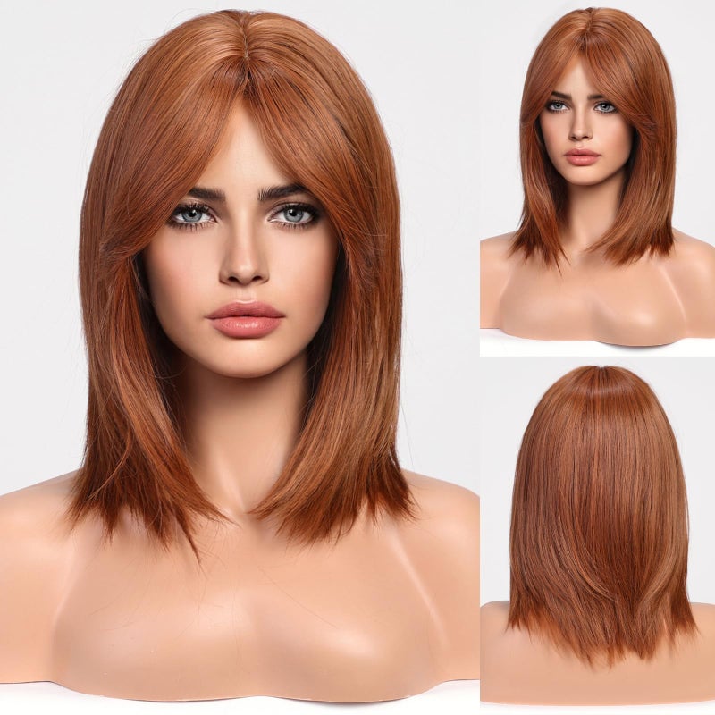 HAIRCUBE باروك قصير بلون العنبر للنساء، باروك نحاسي مستقيم مع ستارة غرة، بطول الكتف، باروك طبيعي صناعي للاستخدام اليومي، كوسبلاي - Image 2