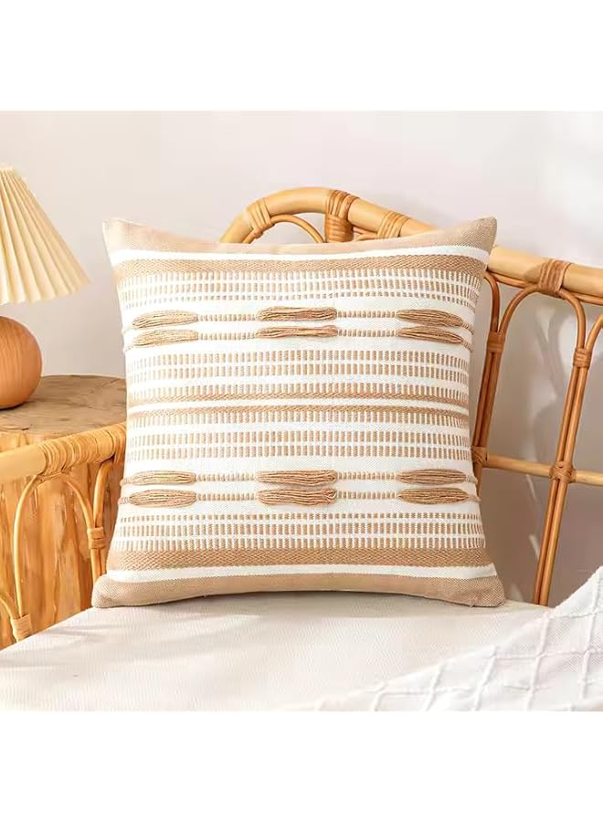 The Bros Decorative Throw Pillow Cover, Boho Moroccan Style, Cotton Thread Cushion Case, 45X45 cm (Beige) - Image 1