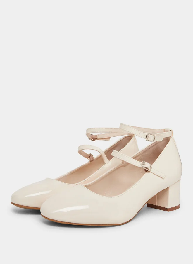 Styli Beige Patent Block Heel Shoes
