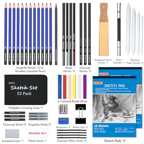 Shuttle Art 52 Pack Drawing Pencils Set, Professional Art Kit with Graphite Charcoal Sticks, Drawing Pad in Portable Case, Ideal for Kids and Adults Artists - Image 3