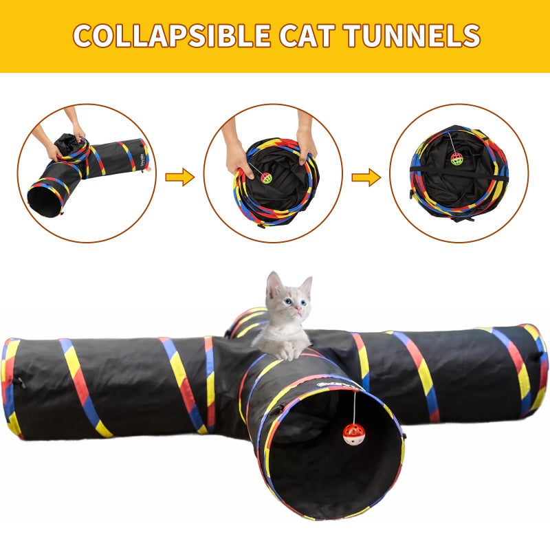 SweetBin 4 Way Large Cat Tunnels for Indoor Cats - 10" Diameter & 47" Long Play Tunnel Toy - Cat Tube with Play Ball & Mouse Toy - Interactive Peephole (Black) - Image 5
