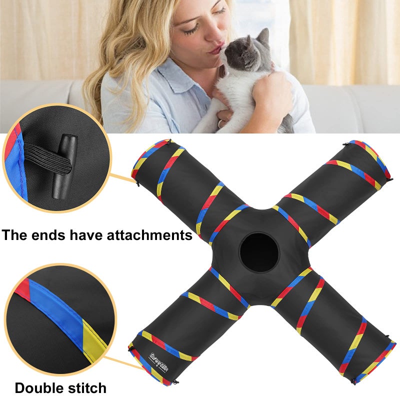 SweetBin 4 Way Large Cat Tunnels for Indoor Cats - 10" Diameter & 47" Long Play Tunnel Toy - Cat Tube with Play Ball & Mouse Toy - Interactive Peephole (Black) - Image 4