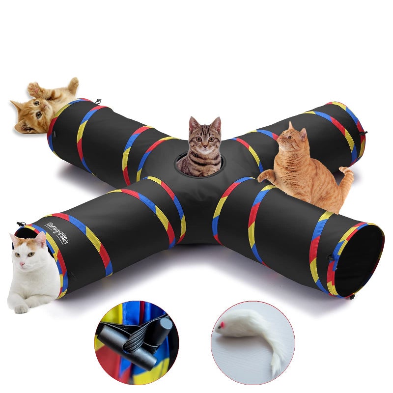 SweetBin 4 Way Large Cat Tunnels for Indoor Cats - 10" Diameter & 47" Long Play Tunnel Toy - Cat Tube with Play Ball & Mouse Toy - Interactive Peephole (Black) - Image 1