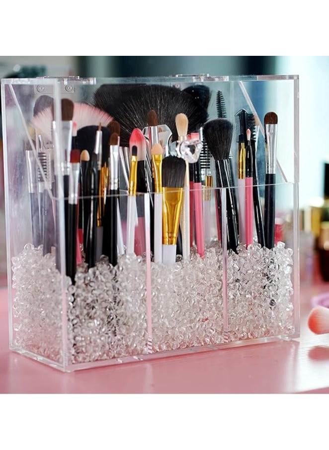 Covered Makeup Brush Holder with Dustproof Lid and Pearls Beads, Large Capacity Acrylic Clear Cosmetic Brush Storage Organizer for Vanity - Image 2