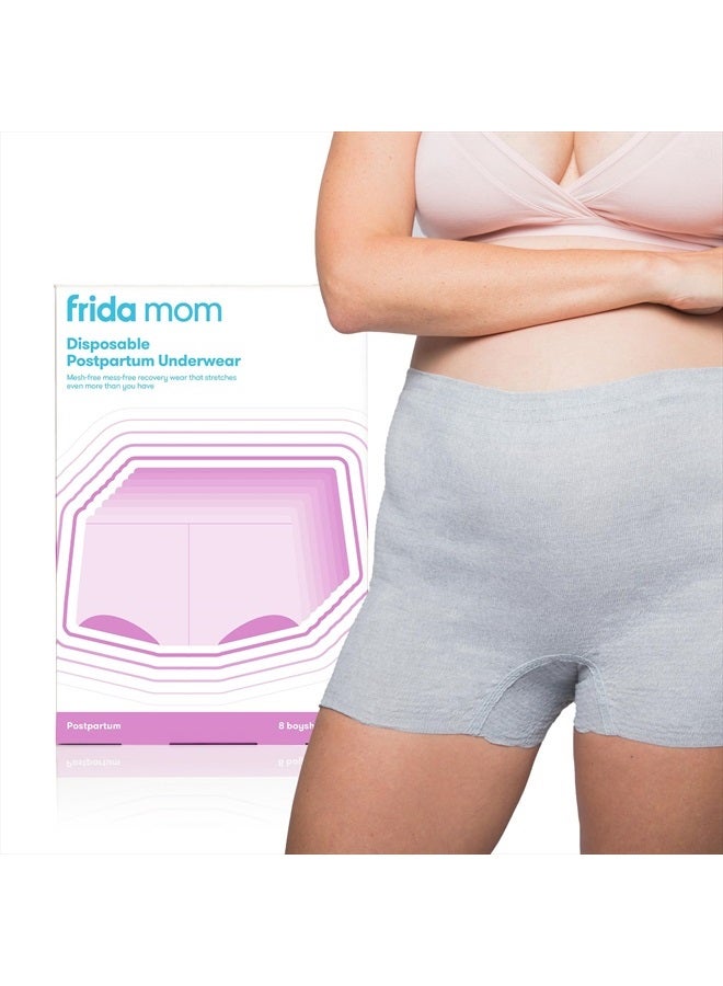 Frida Mom Women's Postpartum Underwear, Disposable Boyshort Underwear, Seamless with Stretchy Support, Postpartum Essentials, Size Petite (Waist 23"-34" Stretched), 8 Count Feminine Care, Grey - Image 1